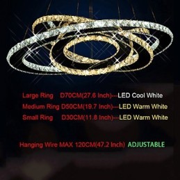 Crystal Pendant Lighting Ceiling Chandelier Light Fixtures with Warm and Cool White 3 rings
