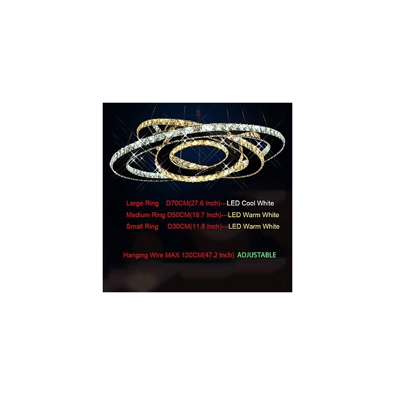 Crystal Pendant Lighting Ceiling Chandelier Light Fixtures with Warm and Cool White 3 rings