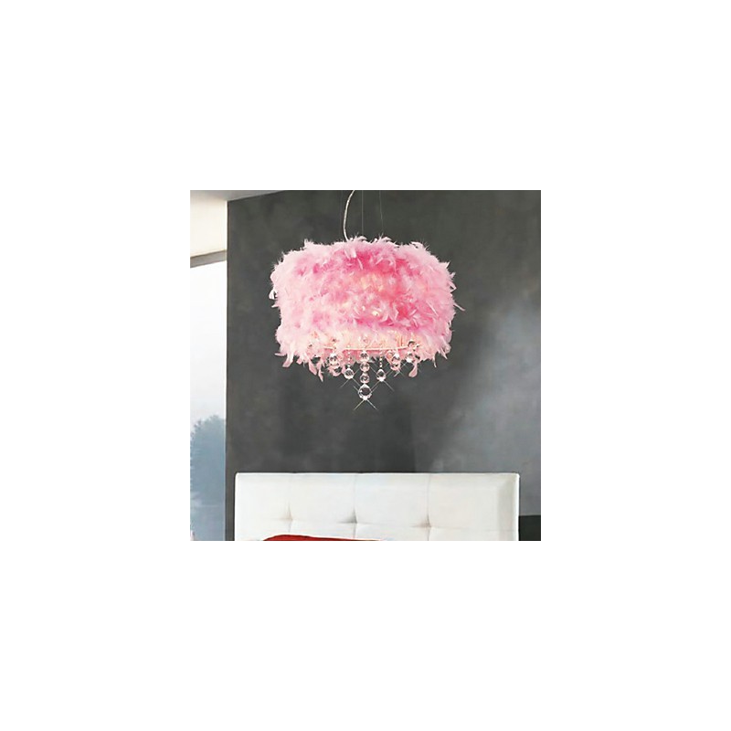 Crystal Pendant Light with 5 Lights in Pink Feather Shade