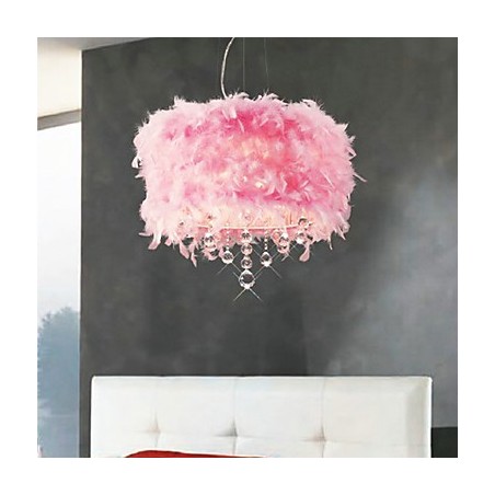 Crystal Pendant Light with 5 Lights in Pink Feather Shade Crystal Pendant Light with 5 Lights in Pink Feather Shade