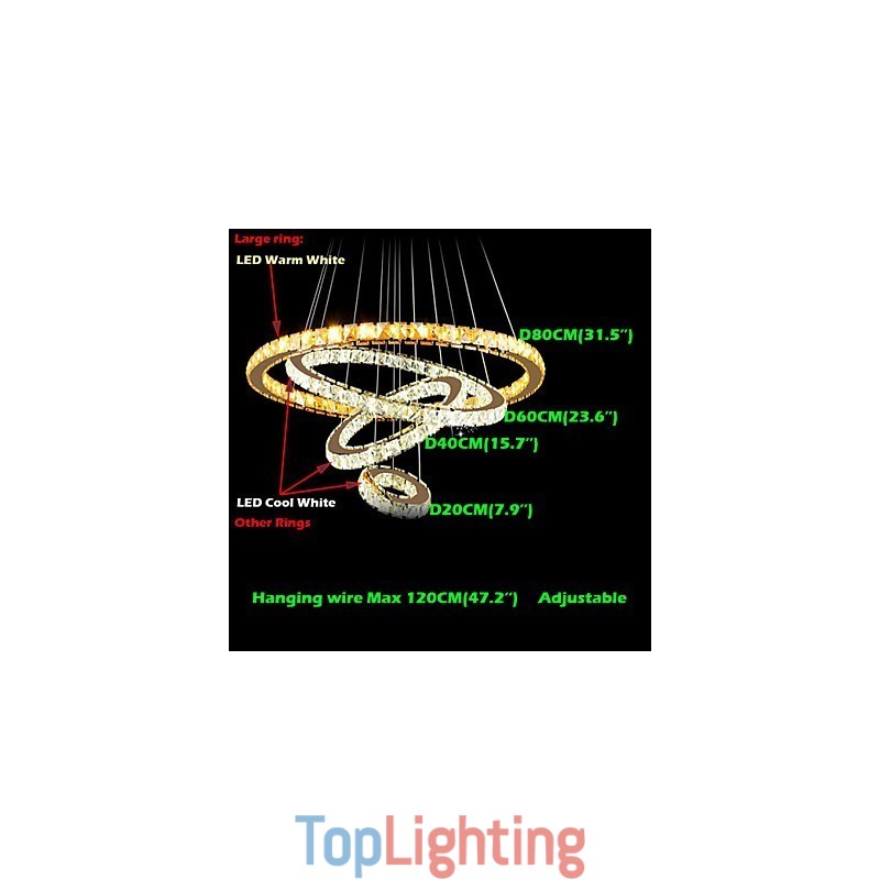 Crystal Pendant Light Ceiling Chandelier K9 Clear Crystal Round 4 Rings Large Ring(Warm White) Other(Cool White)