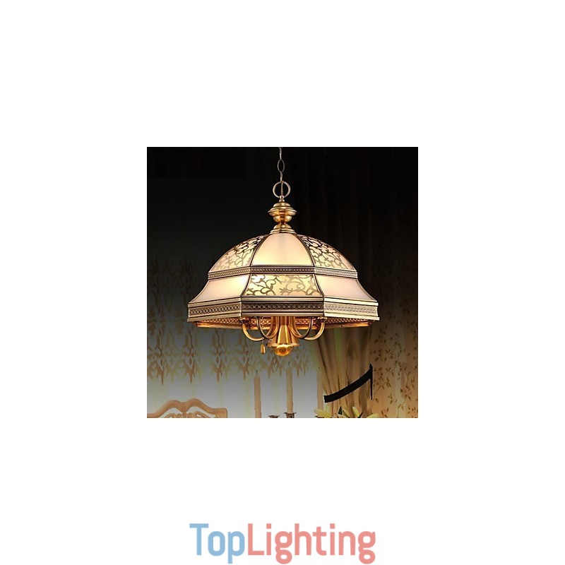 Brass Pendant Lamp Six Lights Vintage Total Copper Glass