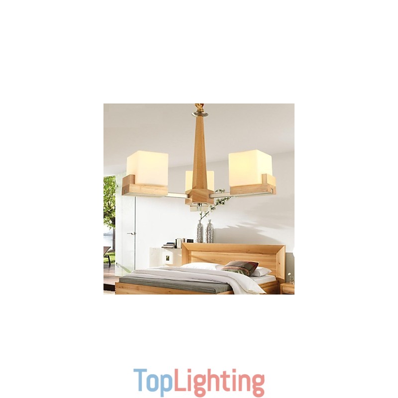 Oak Pendant Lamp Three Lights Oak and Glass