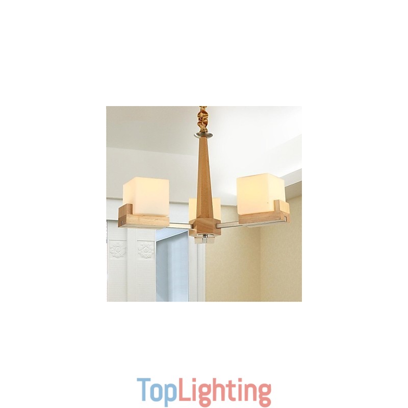 Oak Pendant Lamp Three Lights Oak and Glass