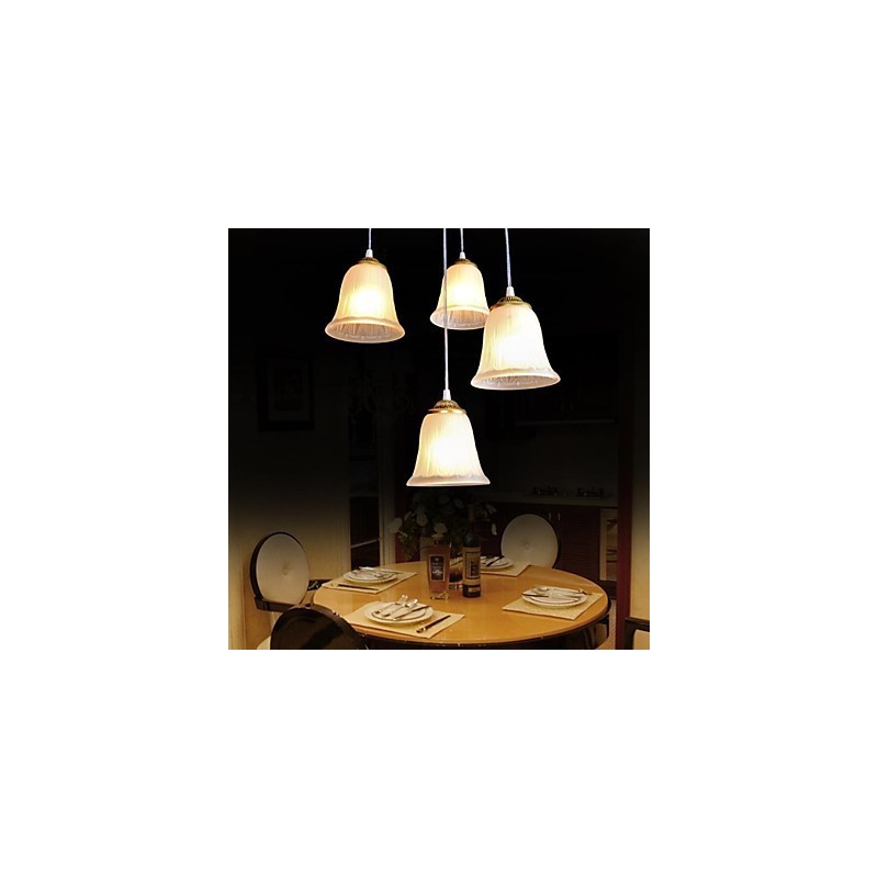 Bronze Pendant Four Lights Pattern Glass Shade European Retro Classic