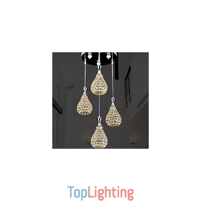 4 Heads Pendant Light Crystal Modern Contemporary Metal