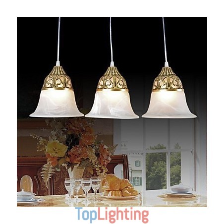 Bronze Pendant Three Lights Moire Glass European Classic