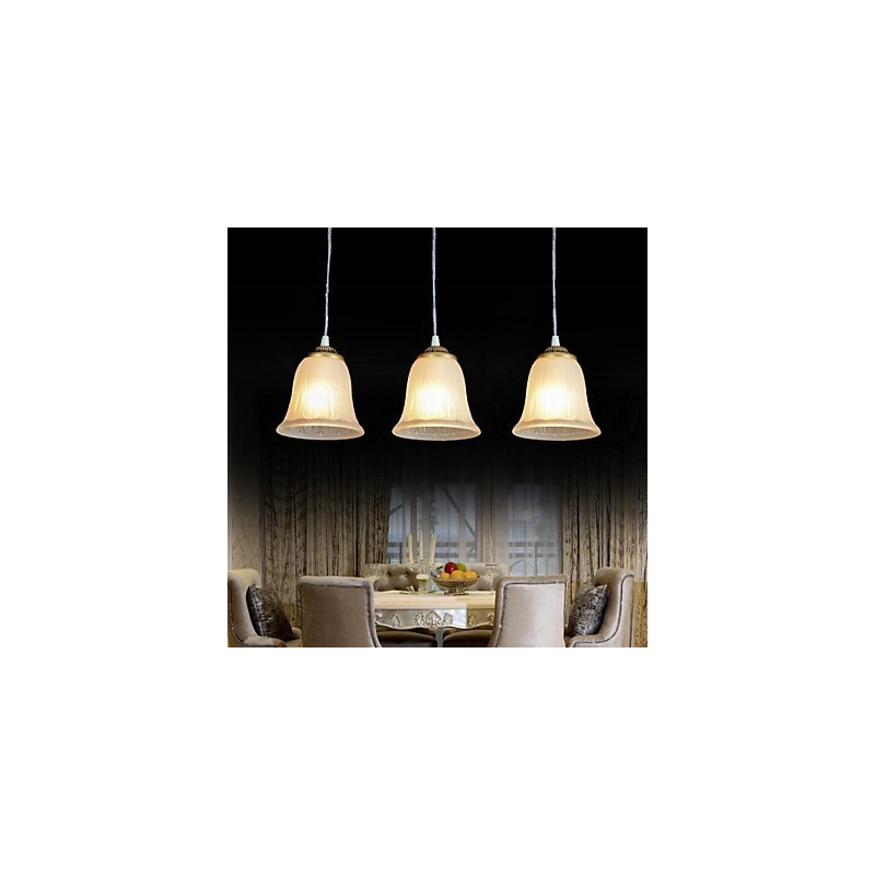Bronze Pendant Three Lights Pattern Glass Shade European Retro Classic