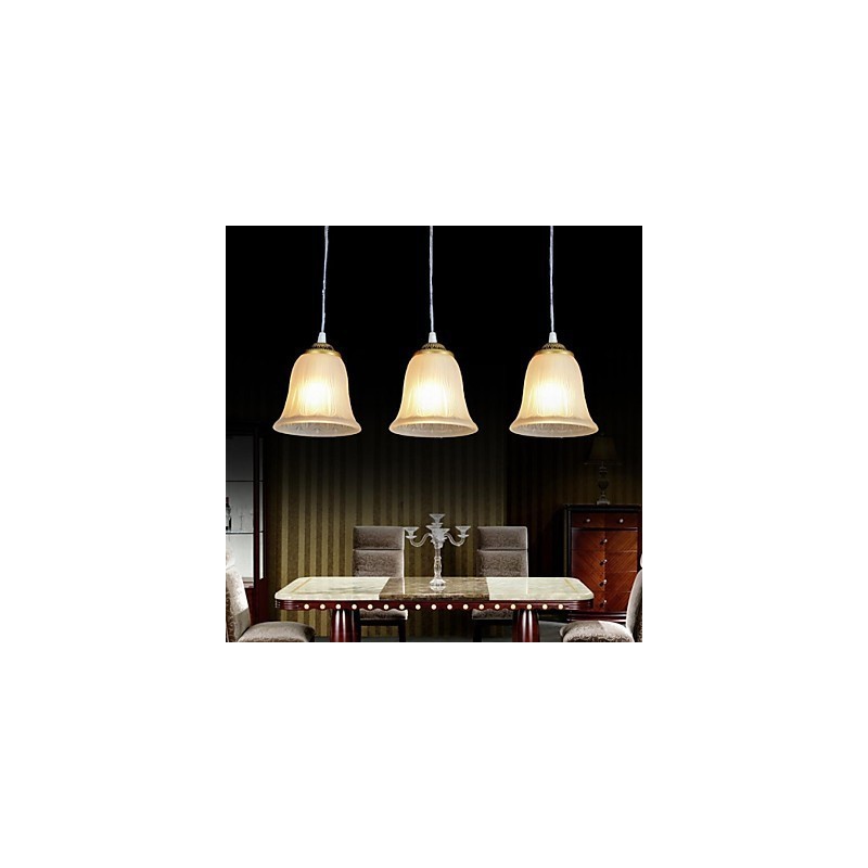 Bronze Pendant Three Lights Pattern Glass Shade European Retro Classic
