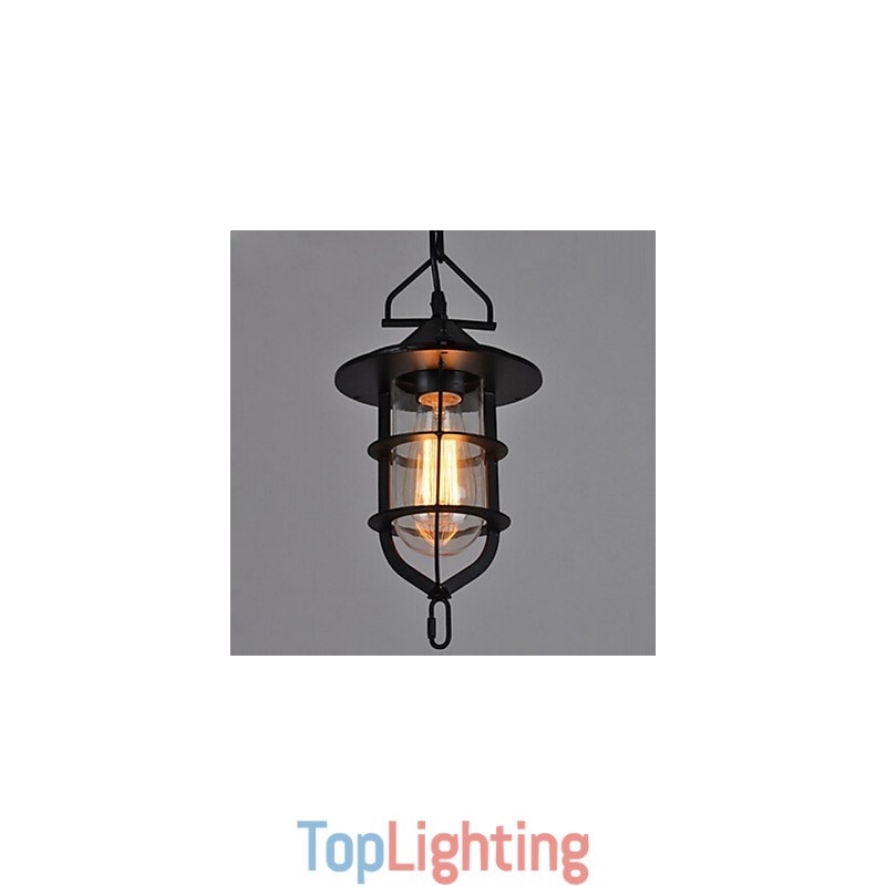 Medium Vintage Black Cage Shape Glass And Metal Cover Pendant Light