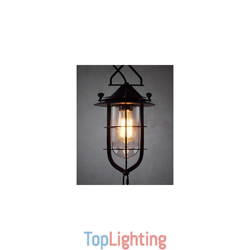 Medium Vintage Black Cage Shape Glass And Metal Cover Pendant Light