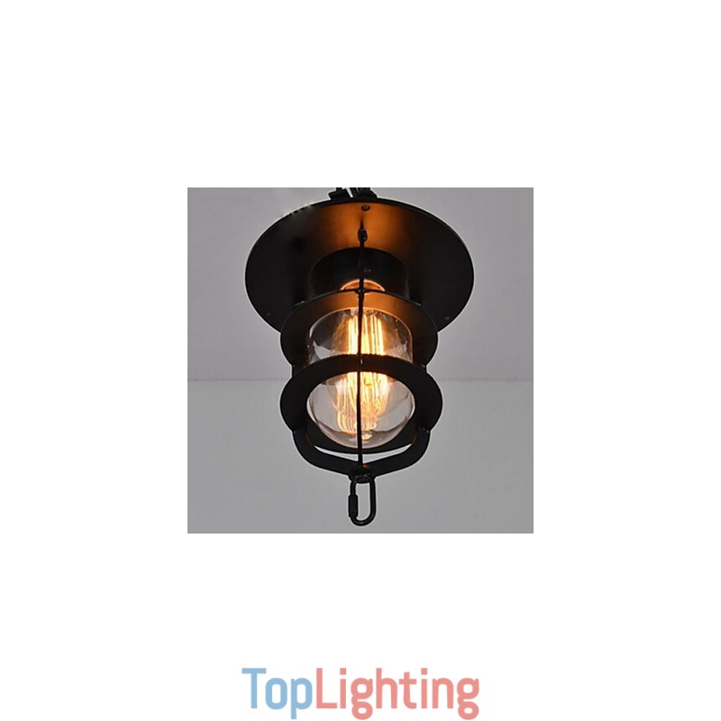 Medium Vintage Black Cage Shape Glass And Metal Cover Pendant Light