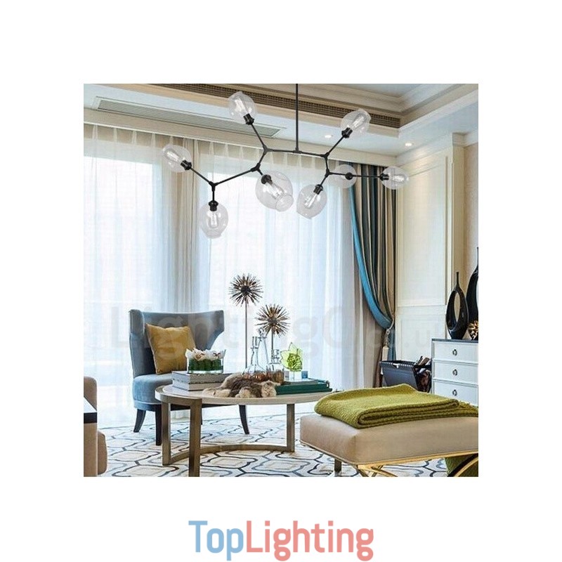 8 Light Modern Contemporary Chandelier with Clear Glass Shade & Lamp (Black Golden)