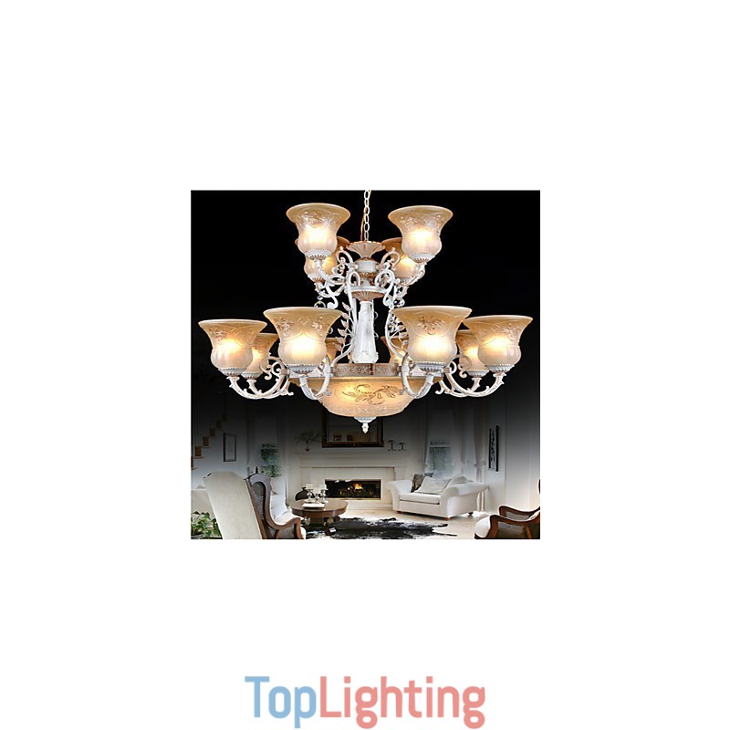 White Chandelier Fifteen Lights Pattern Glass Shade Hand Gilt European Retro Classic
