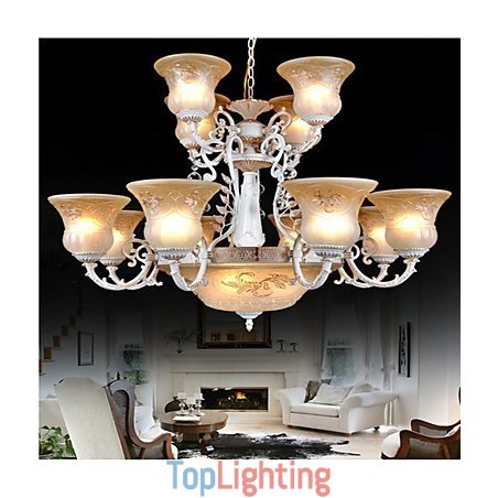 White Chandelier Fifteen Lights Pattern Glass Shade Hand Gilt European Retro Classic White Chandelier Fifteen Lights Pattern Glass Shade Hand Gilt European Retro Classic