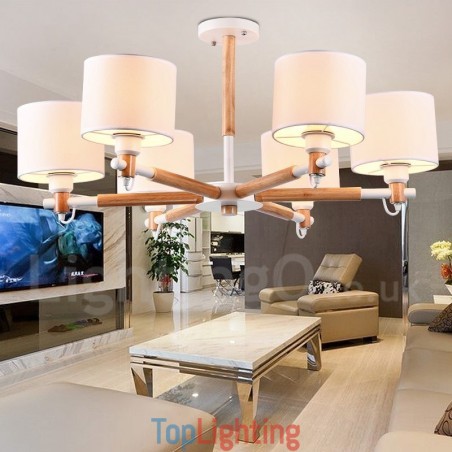 Modern Contemporary 6 Light Single Tier Wood Chandelier with Drum Fabric (Black White) Modern Contemporary 6 Light Single Tier Wood Chandelier with Drum Fabric (Black White)