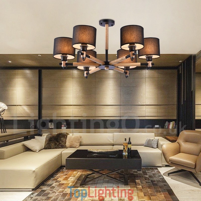 Modern Contemporary 6 Light Single Tier Wood Chandelier with Drum Fabric (Black White)