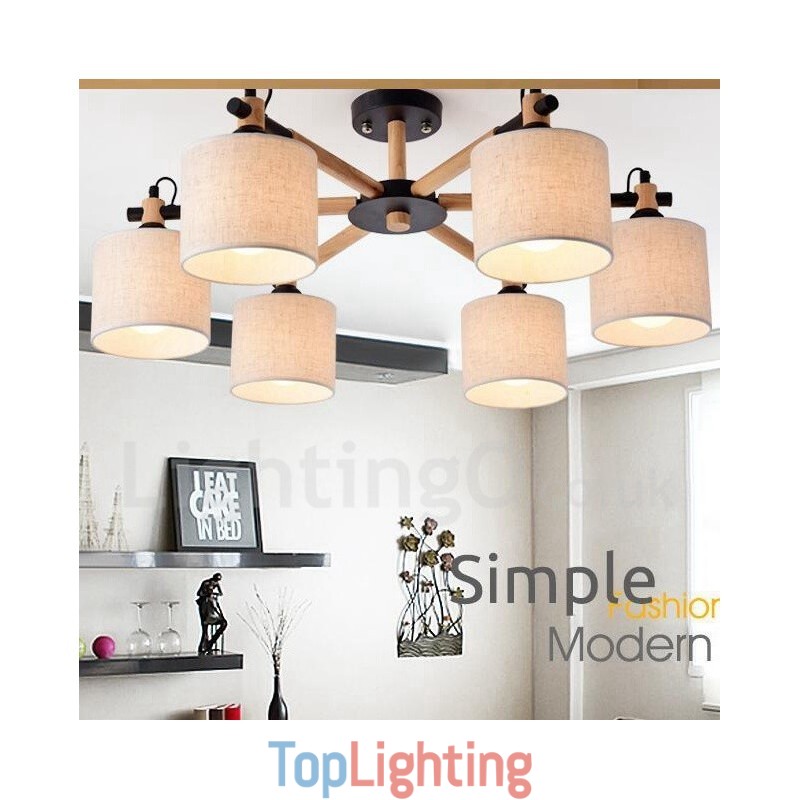 Modern Contemporary 6 Light Single Tier Wood Chandelier with Drum Fabric (Black White)