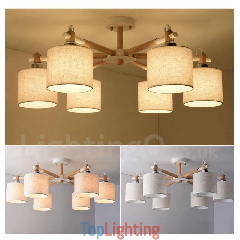Modern Contemporary 6 Light Single Tier Wood Chandelier with Drum Fabric (Black White)