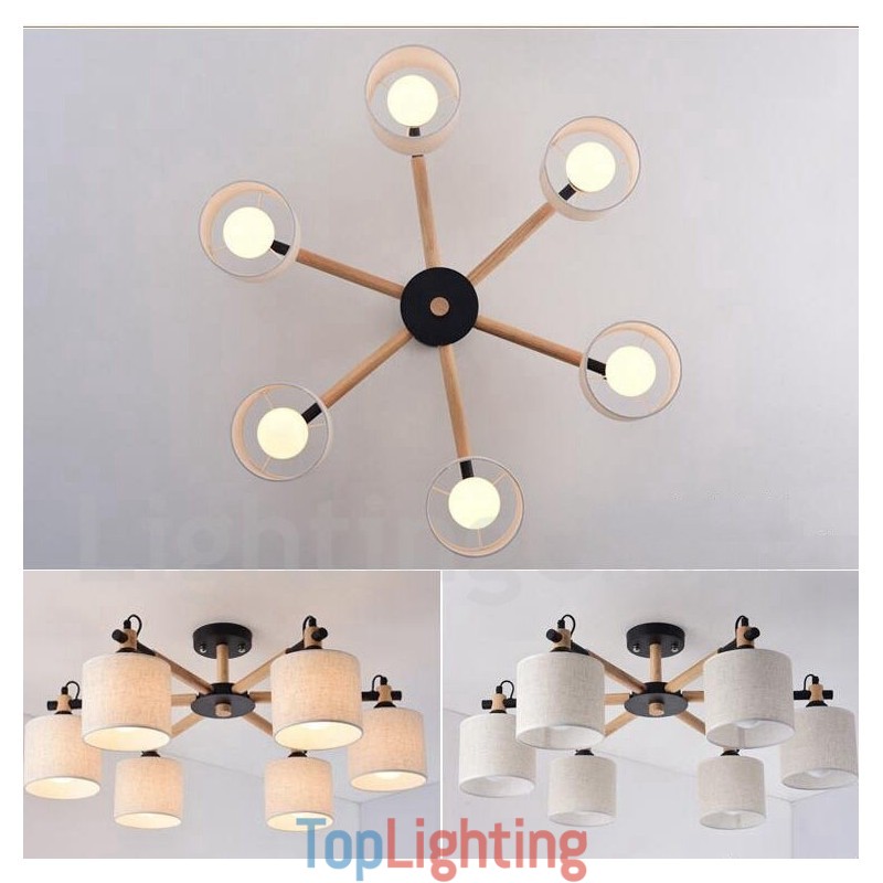 Modern Contemporary 6 Light Single Tier Wood Chandelier with Drum Fabric (Black White)