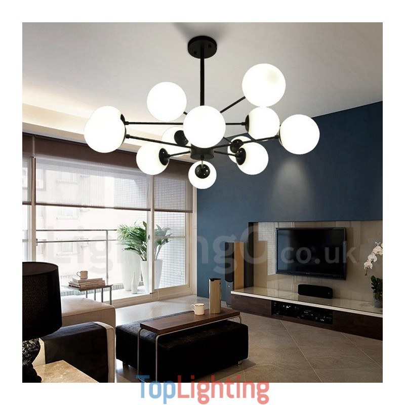 Black 12 Light 2 Tier Metal Chandelier with Glass Shade Modern Contemporary Style