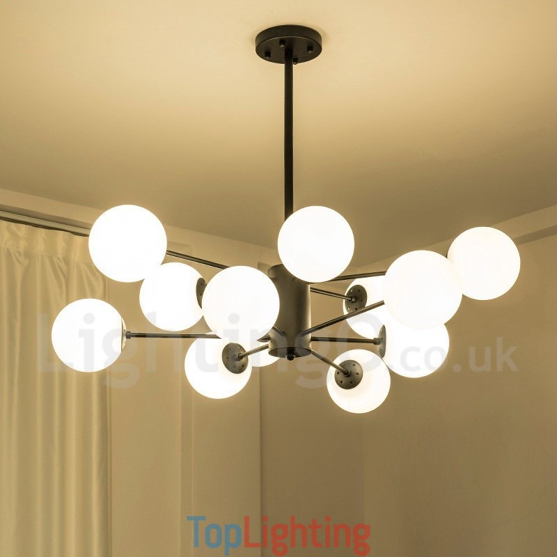 Black 12 Light 2 Tier Metal Chandelier with Glass Shade Modern Contemporary Style