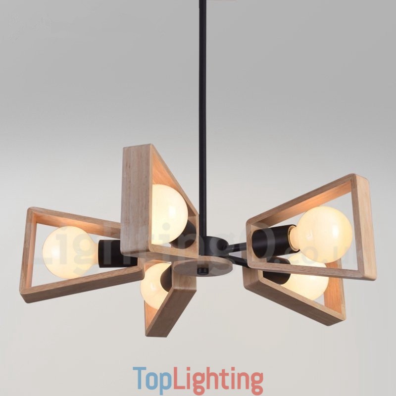 Wood Single Tier 5 Light Chandelier Lamp Modern Contemporary Style