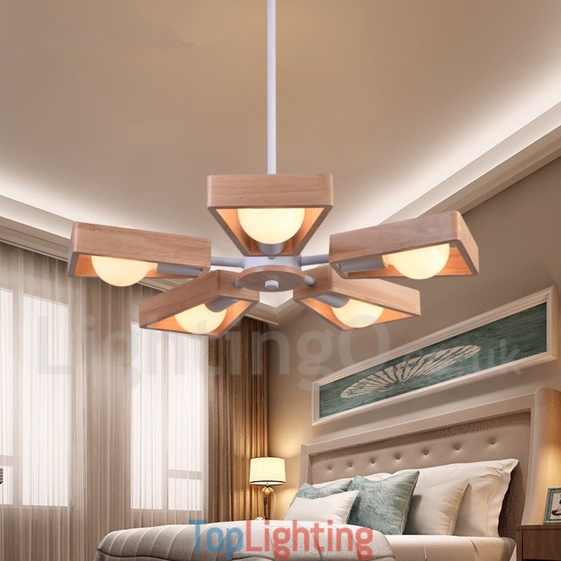 Wood Single Tier 5 Light Chandelier Lamp Modern Contemporary Style