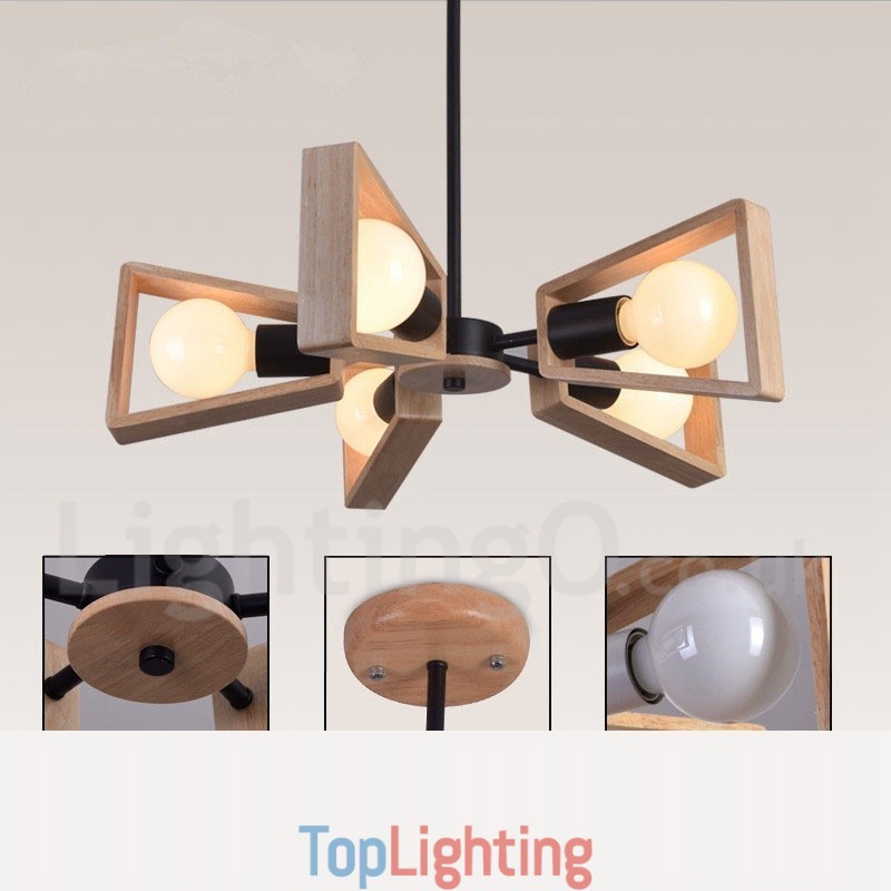 Wood Single Tier 5 Light Chandelier Lamp Modern Contemporary Style