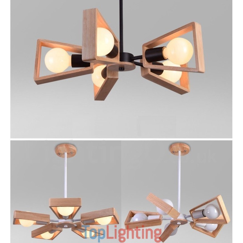 Wood Single Tier 5 Light Chandelier Lamp Modern Contemporary Style
