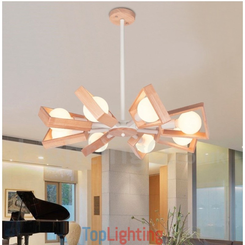Wood Single Tier 8 Light Chandelier Lamp Modern Contemporary Style