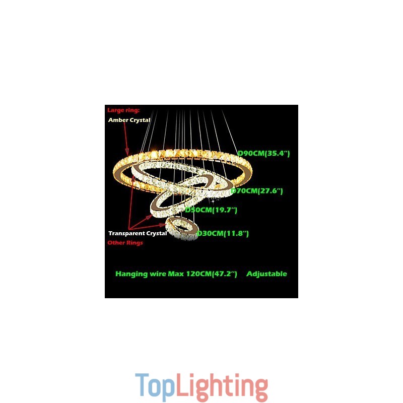 Modern Crystal Pendant Light Ceiling Chandelier Lamp with 4 Rings Large Ring Amber Crystal and Other Clear Crystal