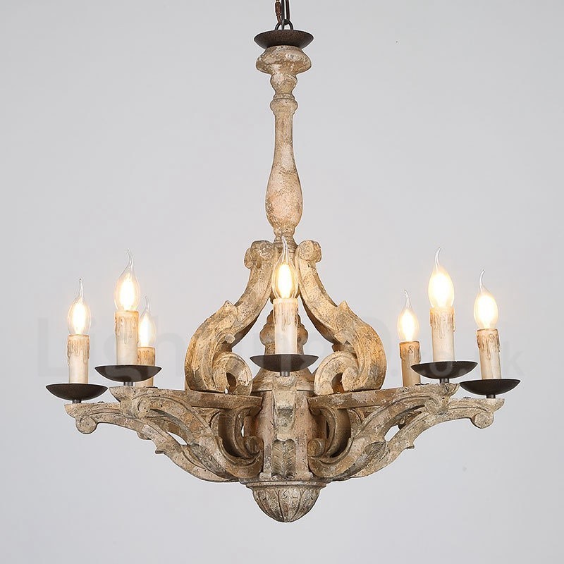 8 Light Vintage Retro Wooden Chandelier Lamp Light