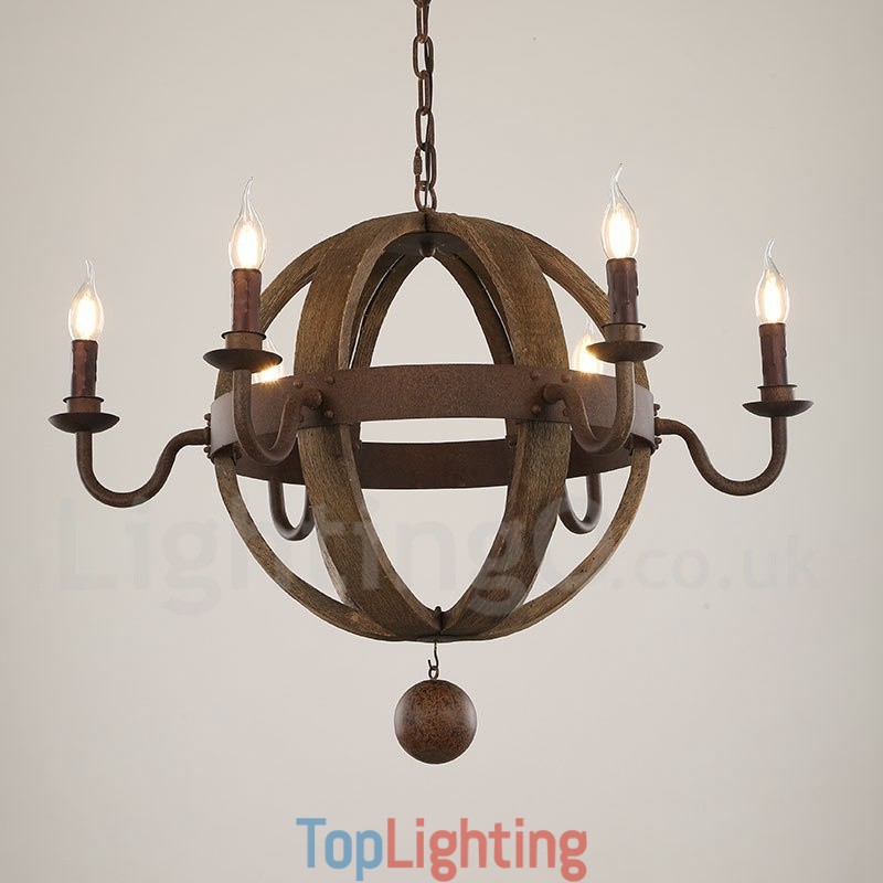 Country Vintage Wooden 6 Light Chandelier Lamp Light