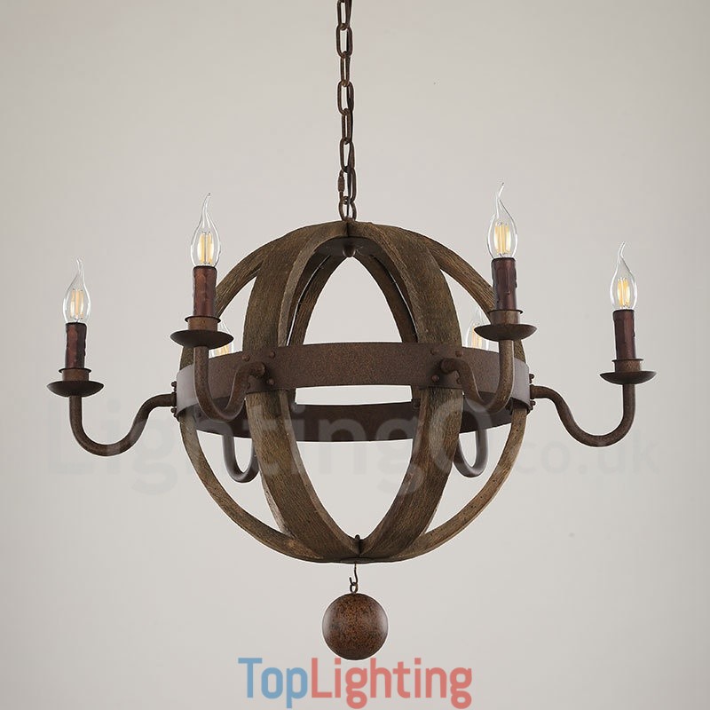 Country Vintage Wooden 6 Light Chandelier Lamp Light