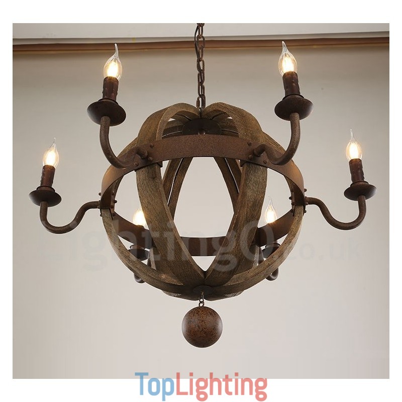 Country Vintage Wooden 6 Light Chandelier Lamp Light