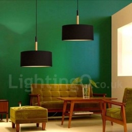 Modern Contemporary Wood Drum Pendant Light with Fabric Shade