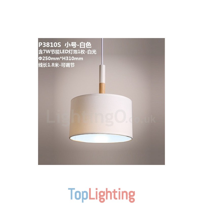 Modern Contemporary Wood Drum Pendant Light with Fabric Shade