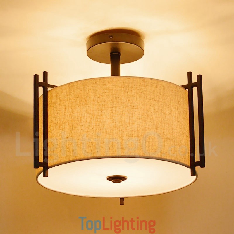 Rustic Lodge Metal Drum Pendant Light with Fabric Shade