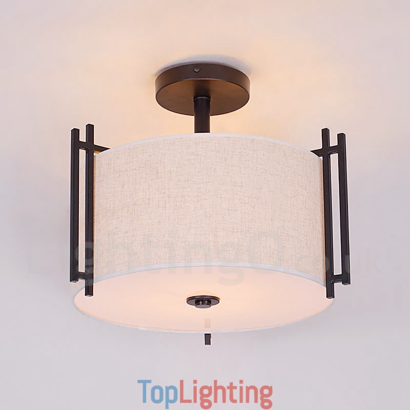 Rustic Lodge Metal Drum Pendant Light with Fabric Shade