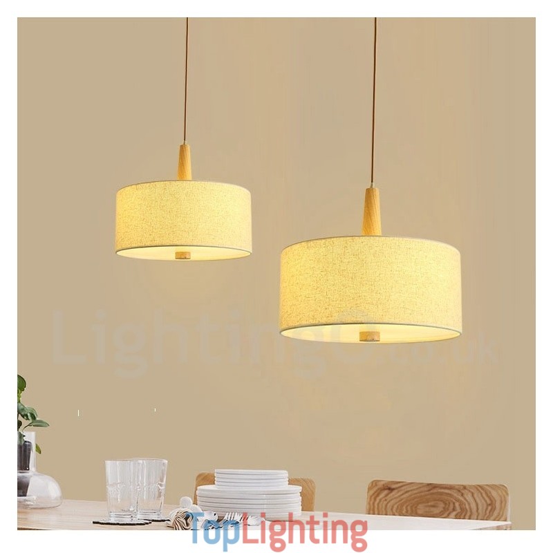 Wooden Modern Contemporary Drum Pendant Light with Fabric Shade
