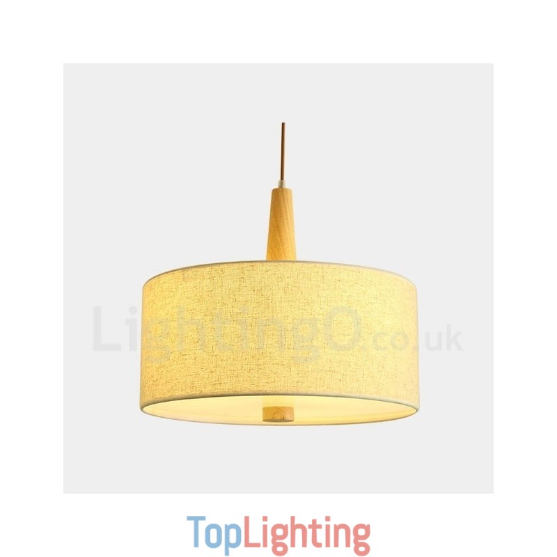Wooden Modern Contemporary Drum Pendant Light with Fabric Shade