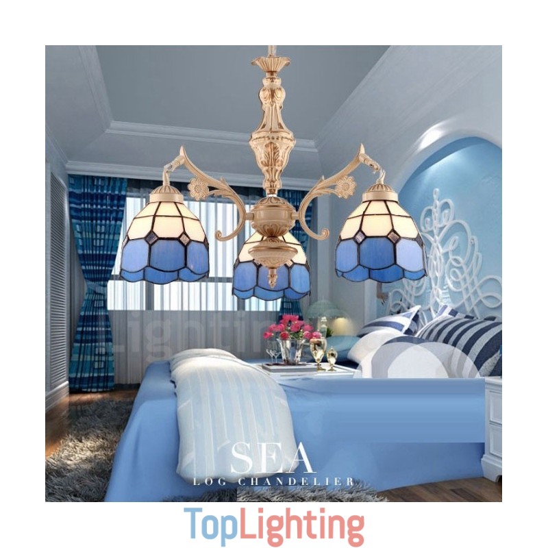 3 Light Mediterranean Style Integrated Metal Chandelier with Glass Shade