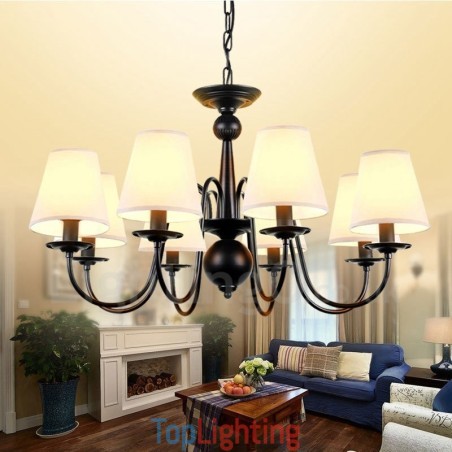 8 Light Rustic Lodge Integrated Metal Chandelier with Fabric Shade