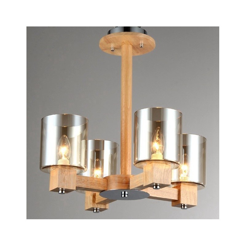 4 Light Wood Modern Contemporary Nordic style Chandelier with Glass Shade