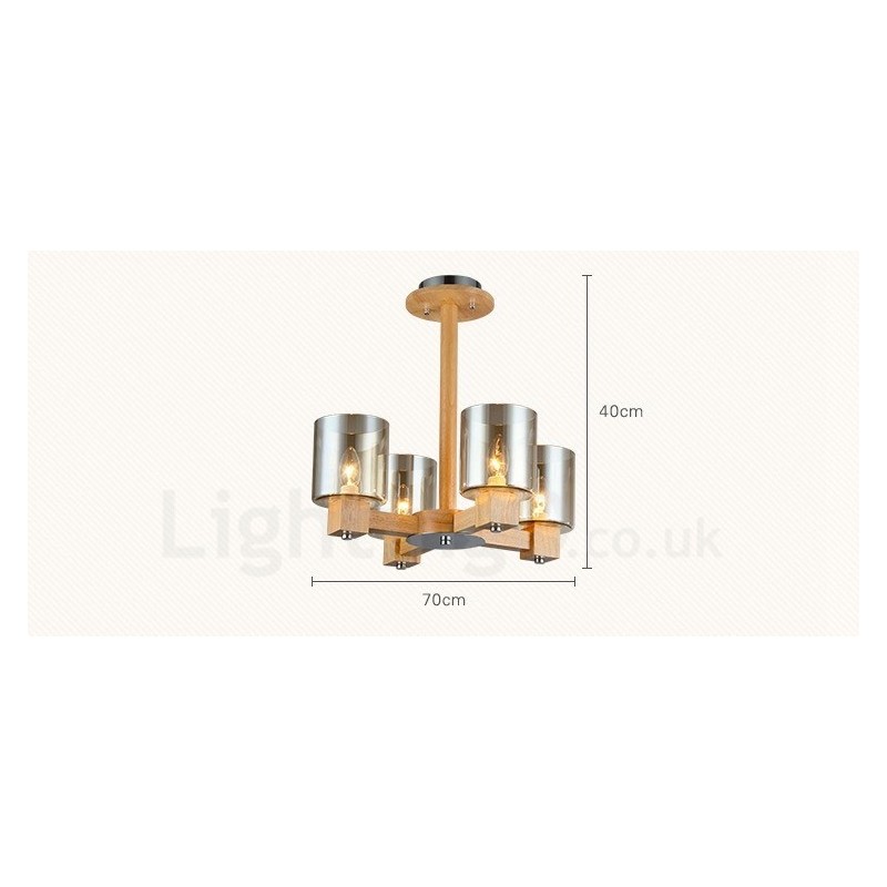 4 Light Wood Modern Contemporary Nordic style Chandelier with Glass Shade