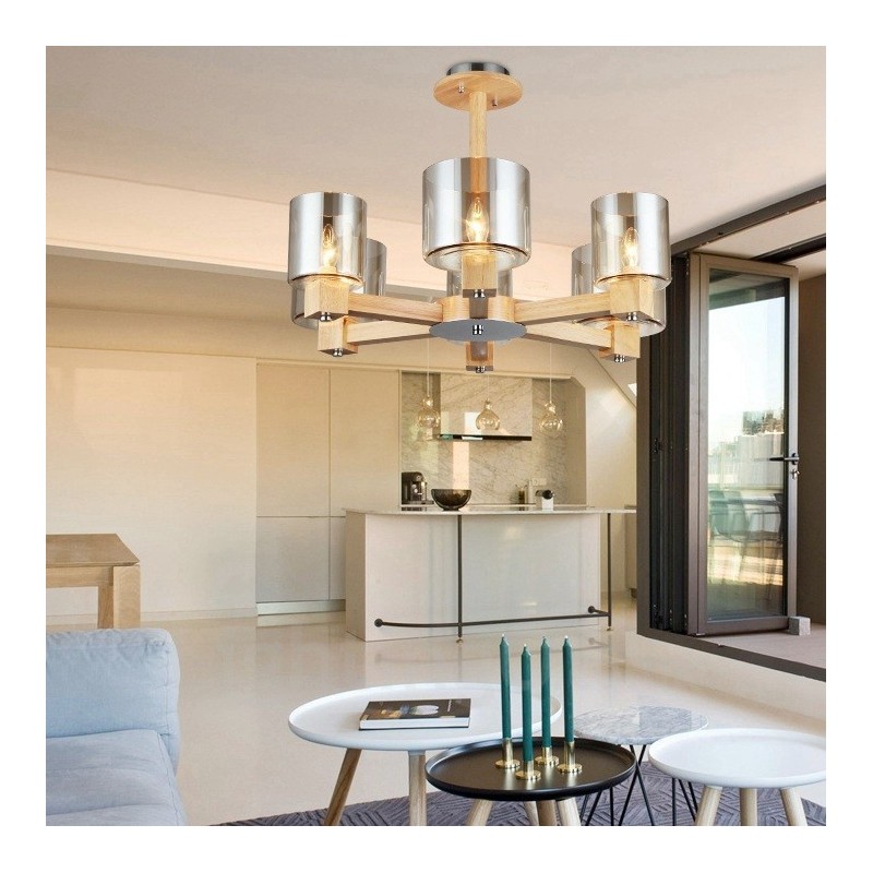 6 Light Wood Modern Contemporary Nordic style Chandelier with Glass Shade