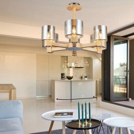 6 Light Wood Modern Contemporary Nordic style Chandelier with Glass Shade 6 Light Wood Modern Contemporary Nordic style Chandelier with Glass Shade