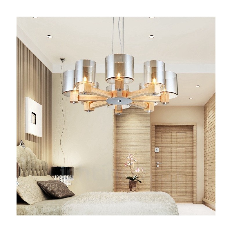 8 Light Wood Modern Contemporary Nordic style Chandelier with Glass Shade
