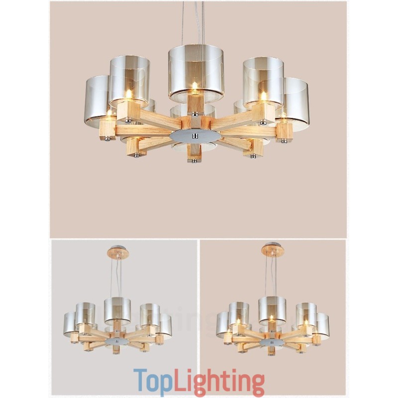 8 Light Wood Modern Contemporary Nordic style Pendant Light with Glass Shade